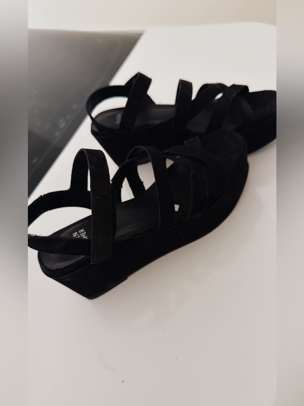 Eileen Fisher Black Suede Strappy Wedge Sandals